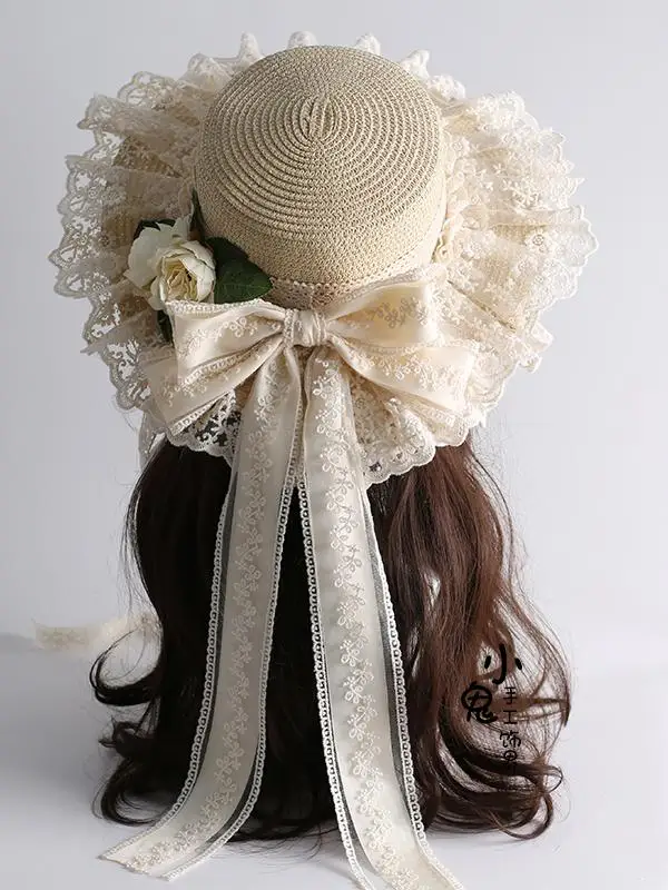 Original Mori tie sun hat Pastoral lo Niang soft girl straw hat doll lace bow ribbon hat