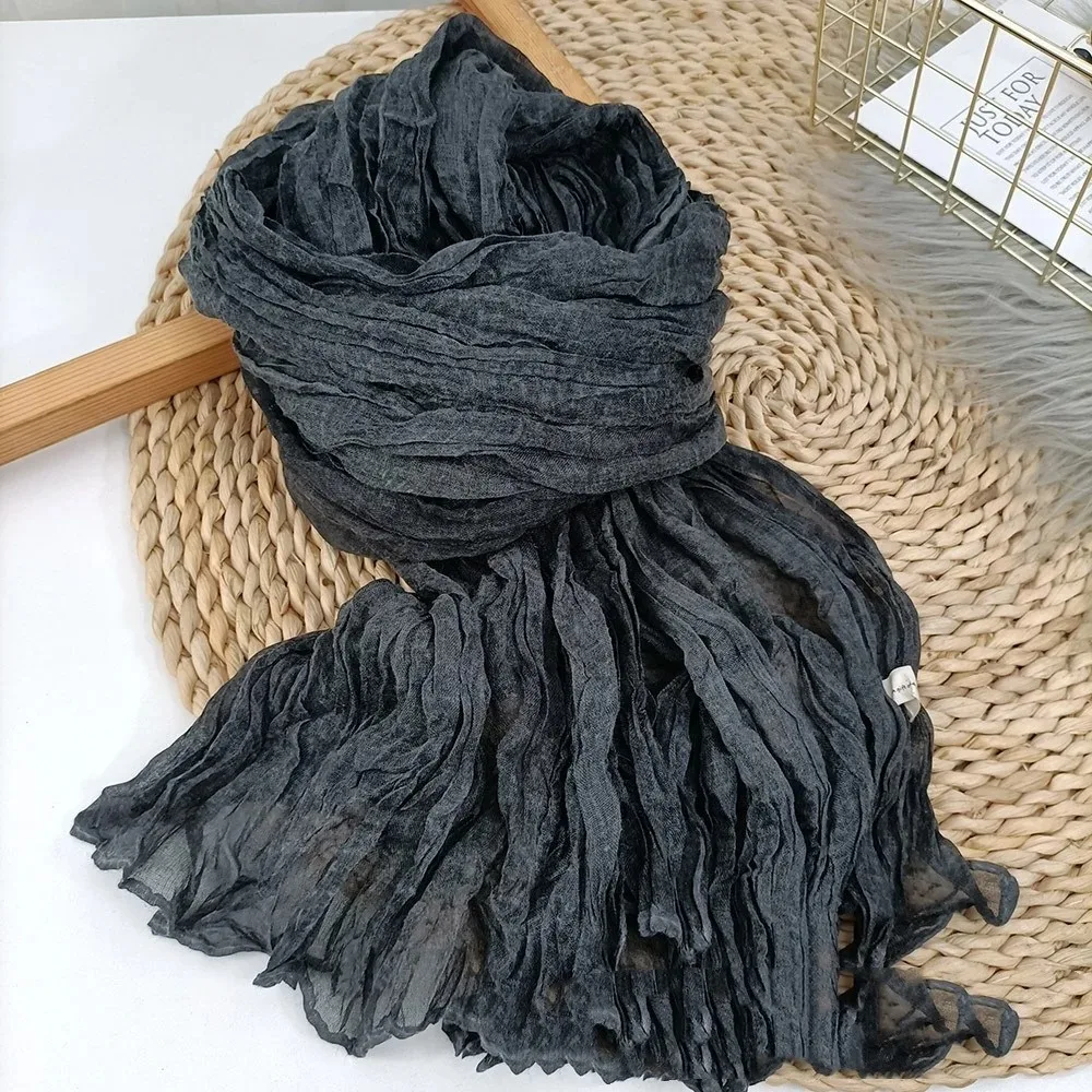 Cotton Linen Scarf Solid Color Female Literary Texture Fold Length Spring Autumn Winter Shawls Thin Fried Dough Twists Ethnic