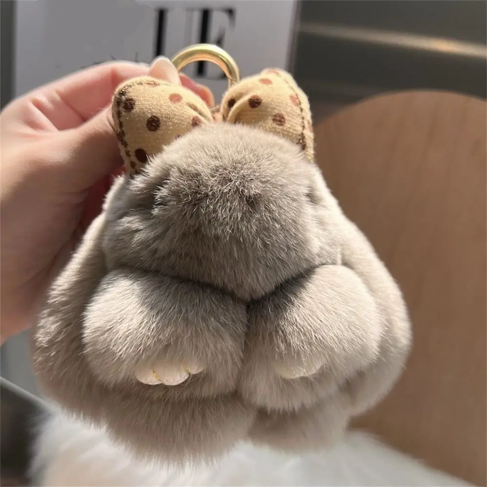 Hair Bow Rabbit Fur Keychain Cute Fluffy Plush Dolls Bunny Keychain Bag Charm Alloy Ring Plush Rabbit Key Ring Couple Pendant