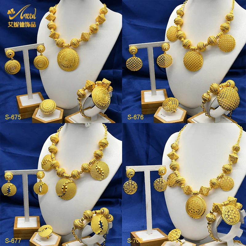 

ANIID Dubai Luxury 24K Gold Color Necklace Sets With Ball Shape Pendant For Ethiopia Bridal Wedding Nigerian Jewelry Set Gifts