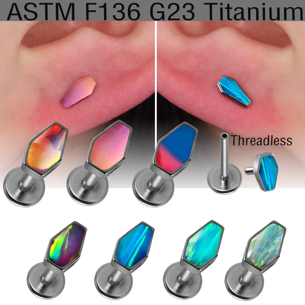 1/7PCS Solid Titanium Coffin Lip Opal Gradient Flash Labret Piercing Internally Thread Ear Tragus Helix Cartilage Nose lip RING