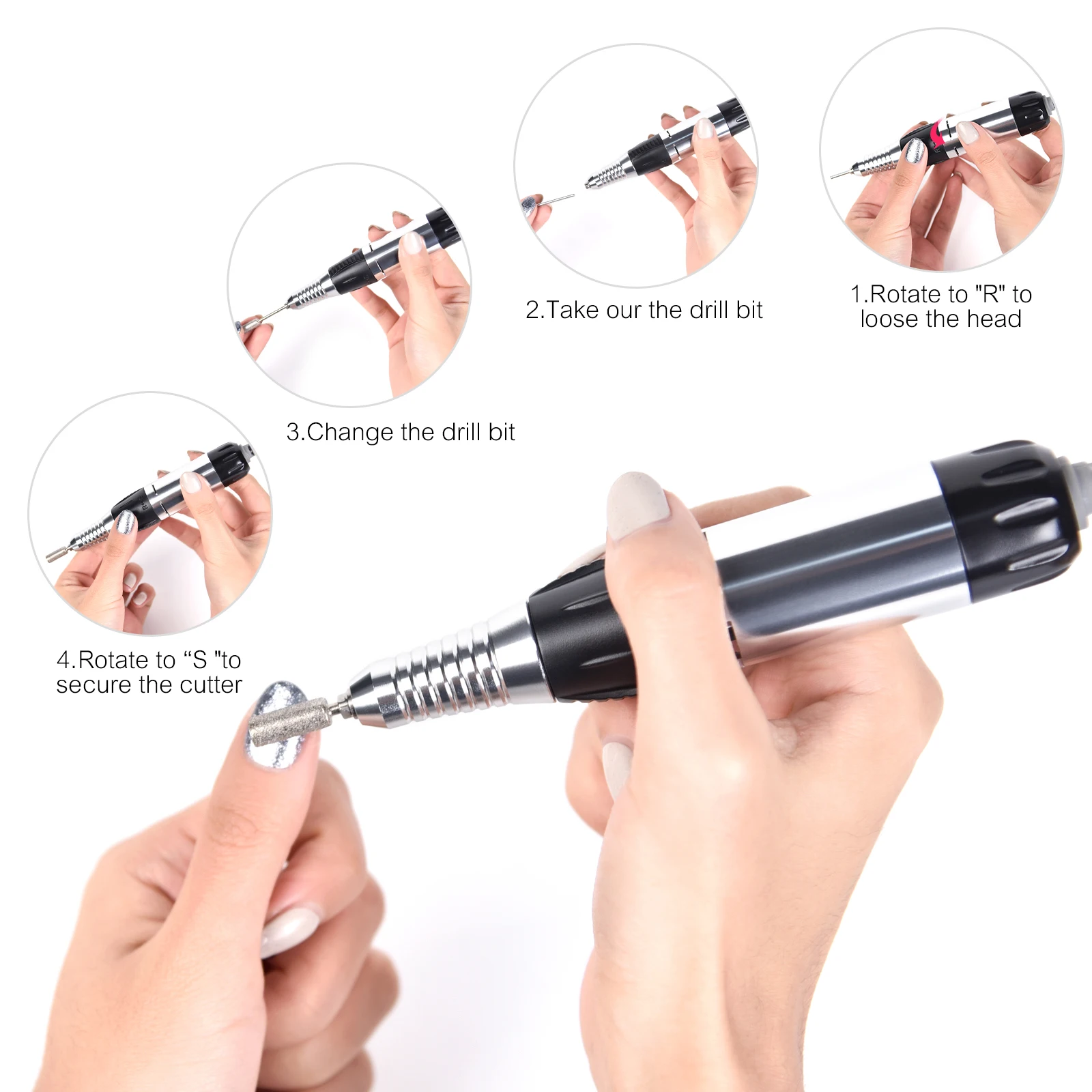 30000 RPM Nagelboor Handvat Handstuk Voor Elektrische Nagelboormachine Zwarte Nail Art Manicure Pedicure Boormachine Accessoires