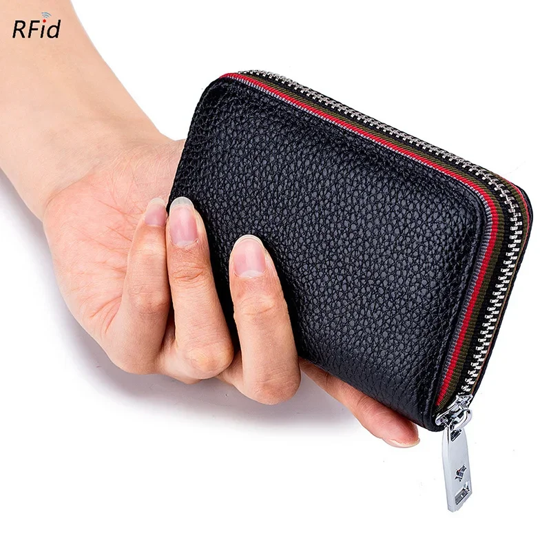 Tarjetero de cuero genuino para hombre y mujer, cartera Rfid, organizador de cambios, monedero pequeño con cremallera, novedad