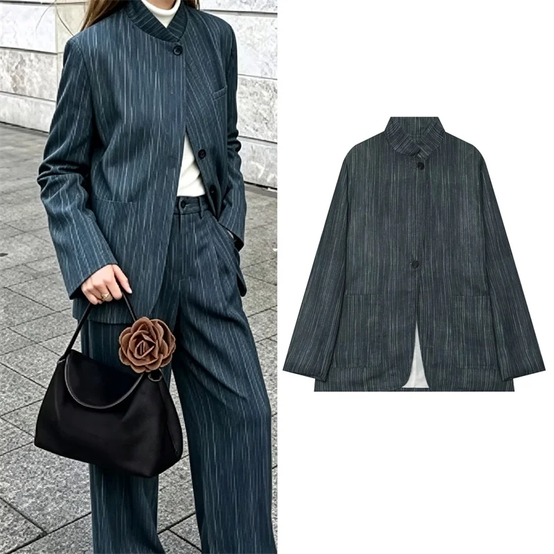 Guobioziy Women's Coat 2026 Early Autumn New Style Fashion Commuter Pocketed Waist-Striped Stand Collar Blazer