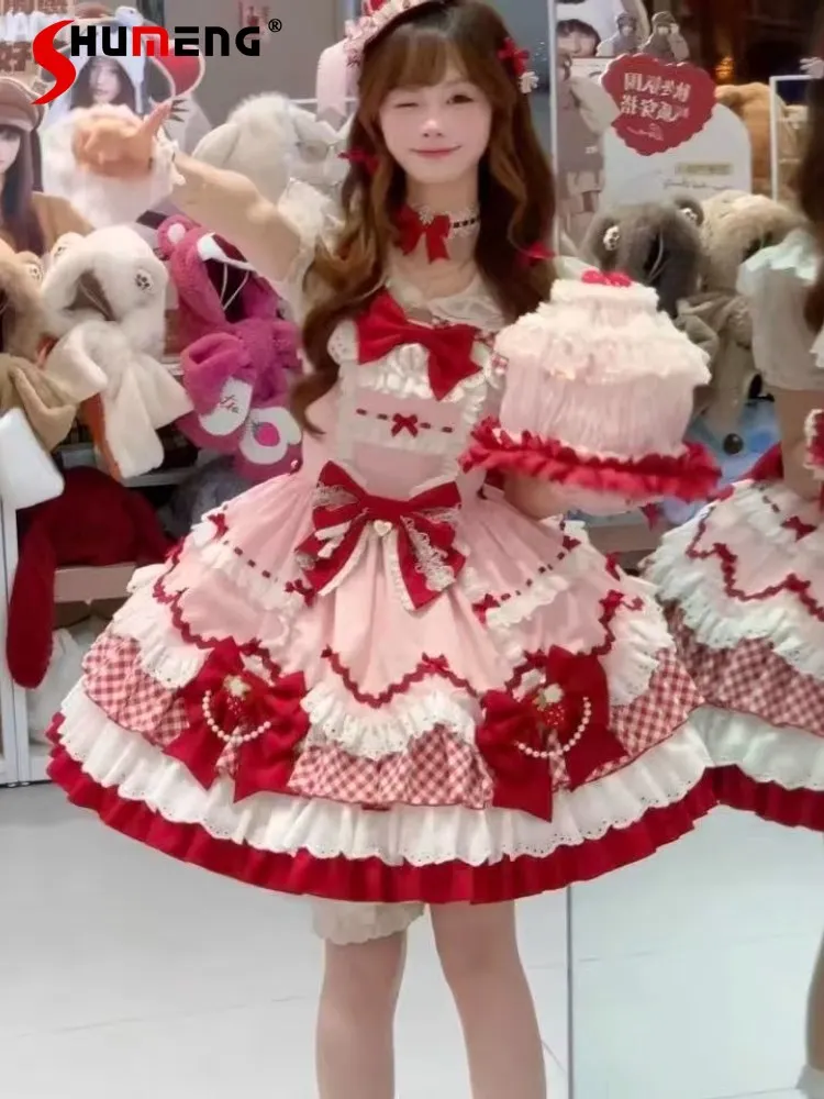 

Japanese Style Elegant Sweet Square Neck Lace Splicing Flying Sleeves 3D Bow High Waist Puffy Lolita JSK Short Dress for Women