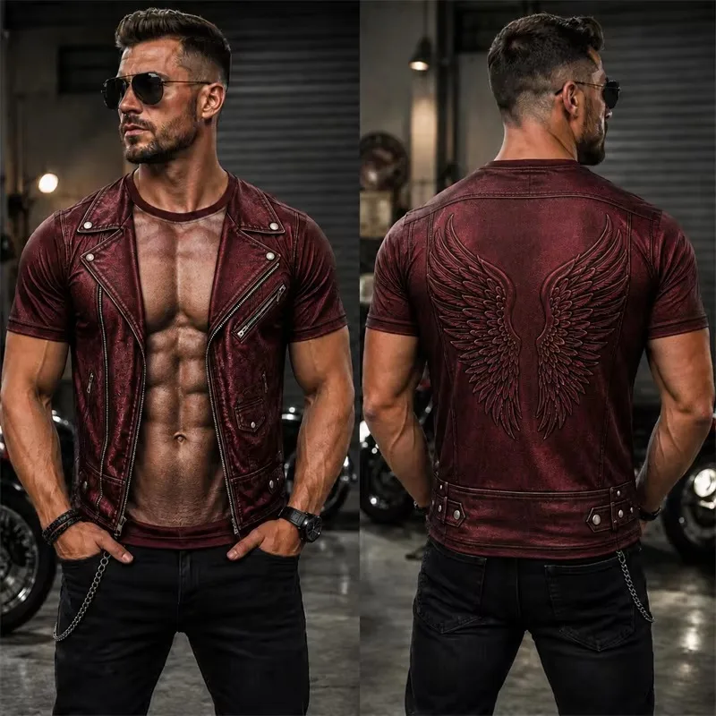 Men Cothing Creative 3D Fake Abdomen Print T‑Shirt Wing Muscle Pattern Short Sleeve Tees Punk Biker Streetwear Casual Tops ropa