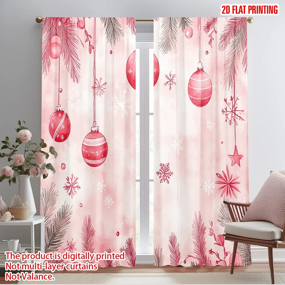 2pcs,2D plane printing Print Curtains Christmas Ornaments Watercolor 100% Polyester (without rod) Festive Use for Bedroom,