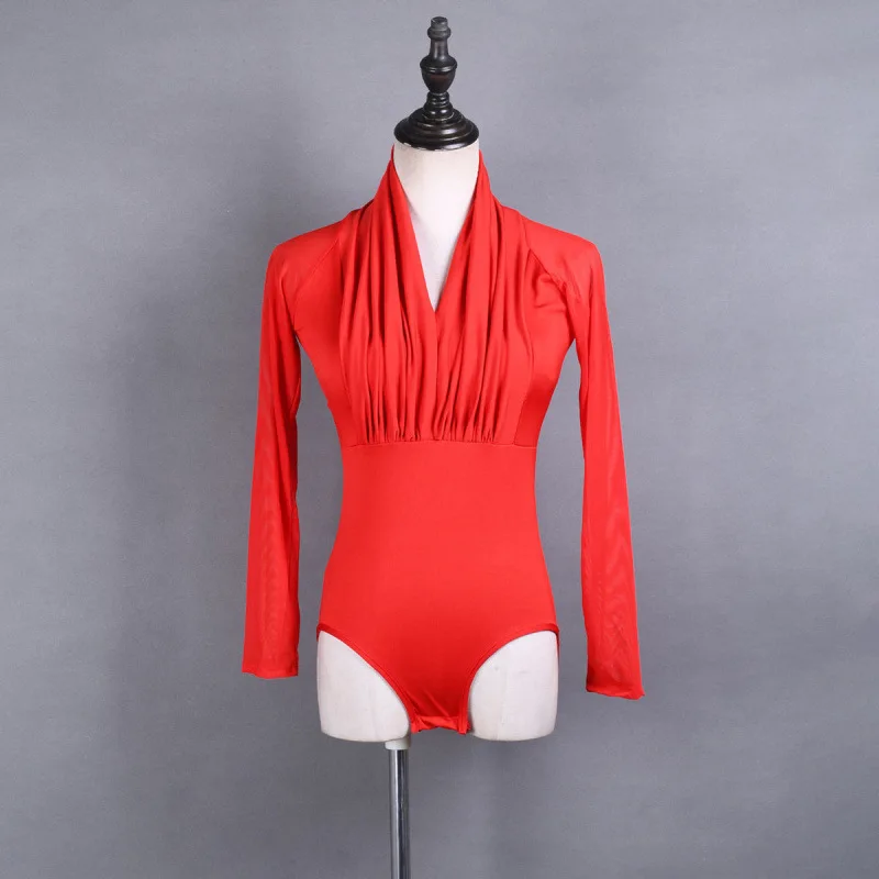 زي الرقص اللاتيني الجديد للبالغين - بذلة نسائية برقبة على شكل حرف V وأكمام شبكية، وصدر مكشكش، وملابس أداء
