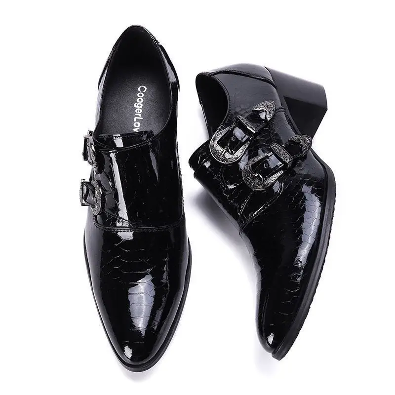 black high heels Snake pattern Double buckle wedding oxford for men Glossy formal shoes men genuine leather party shoes men