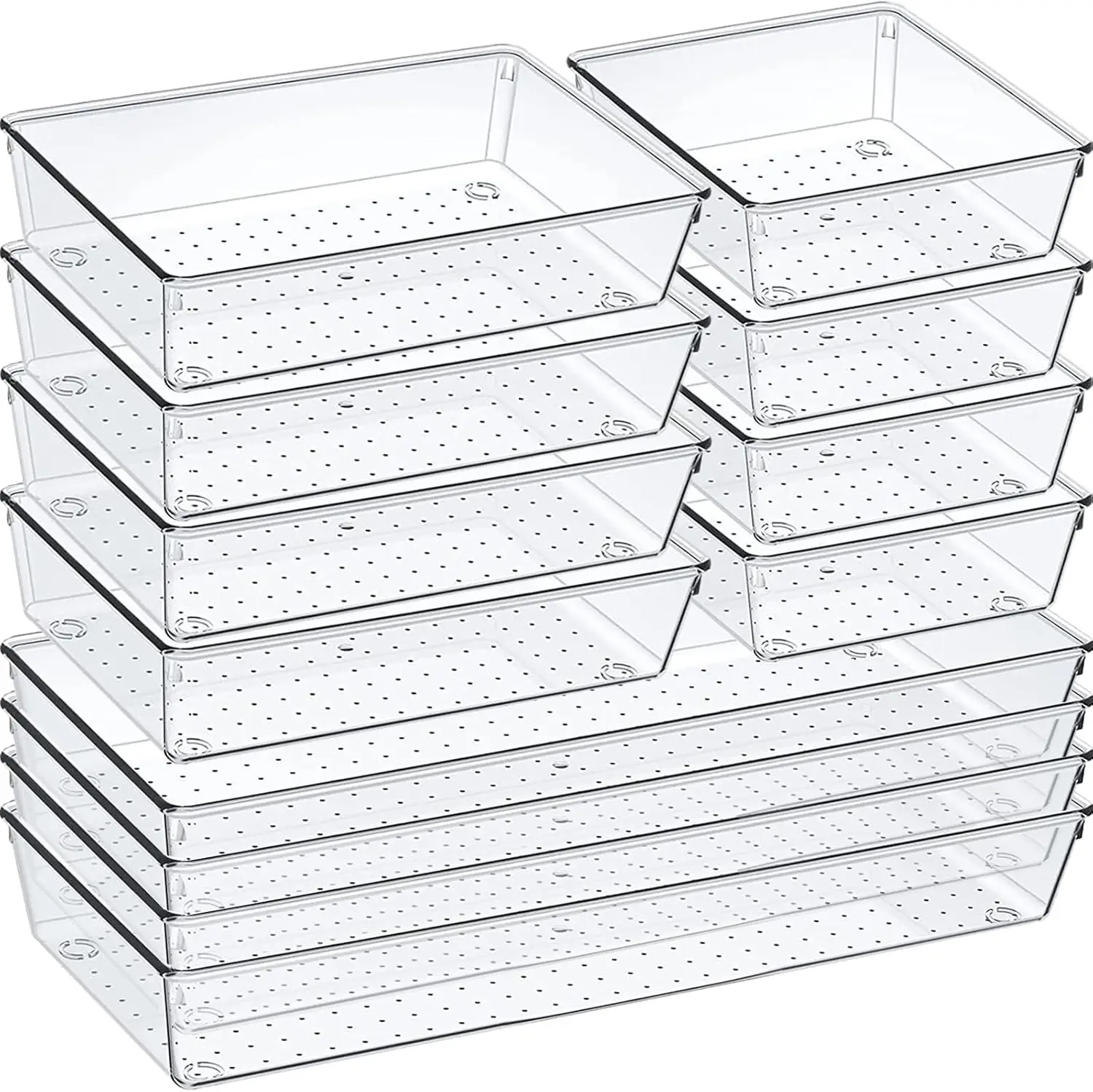 12 Pack Clear Plastic Drawer Organizer Set, Acrylic Non Slip Non Cracking Kitchen Drawer Storage Tray Large Size Divider NEW