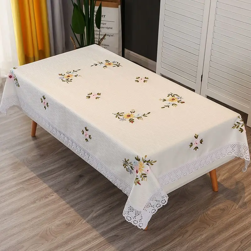 

Handmade Embroidered Tea Table Cloth Rectangular Household Dining Table Cloth Modern Simple Cotton Linen White Fresh Tablecloth