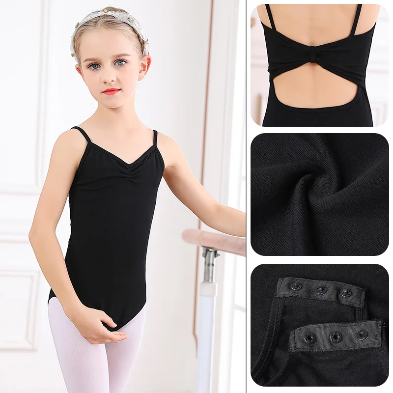 Justaucorps de danse pour enfants, vêtements d'entraînement pour filles, costume de batterie, maillots de bain, ballet, skate, gym, noir, bretelles doubles initiées