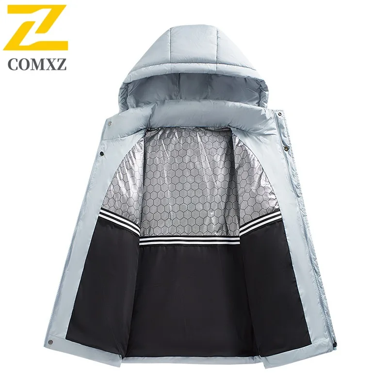 COMXZ الرجال سترة مبطنة خفيفة الوزن الحد الأدنى مقنعين سميكة الدافئة السفر أسفل سترة ثلجية براقة الباردة مقاومة الشتاء سترة