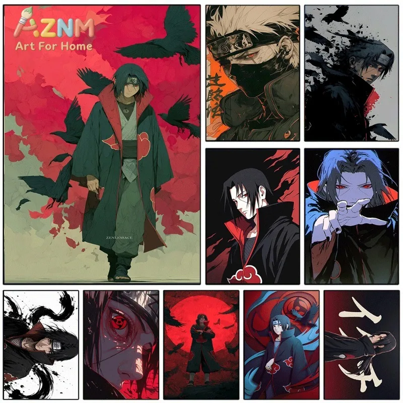 Akatsuki Ninja Canvas Wall Art Uchiha Character Print With Crow Background For Teen Room Home Wall Decoration Unframed
