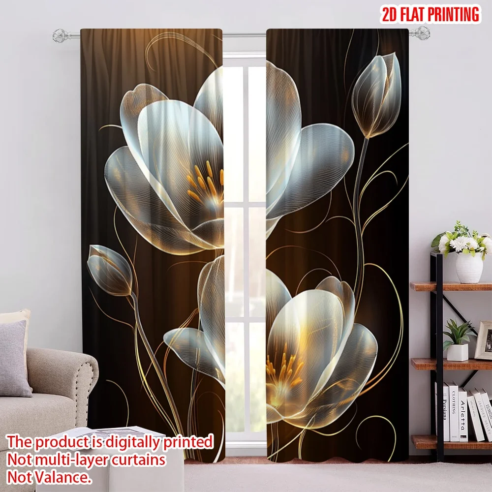 

2pcs 2D flat printing Drapes Golden gray flower Polyester Fabric Without Electricity Festive Wall Decor Use for Booths Studio
