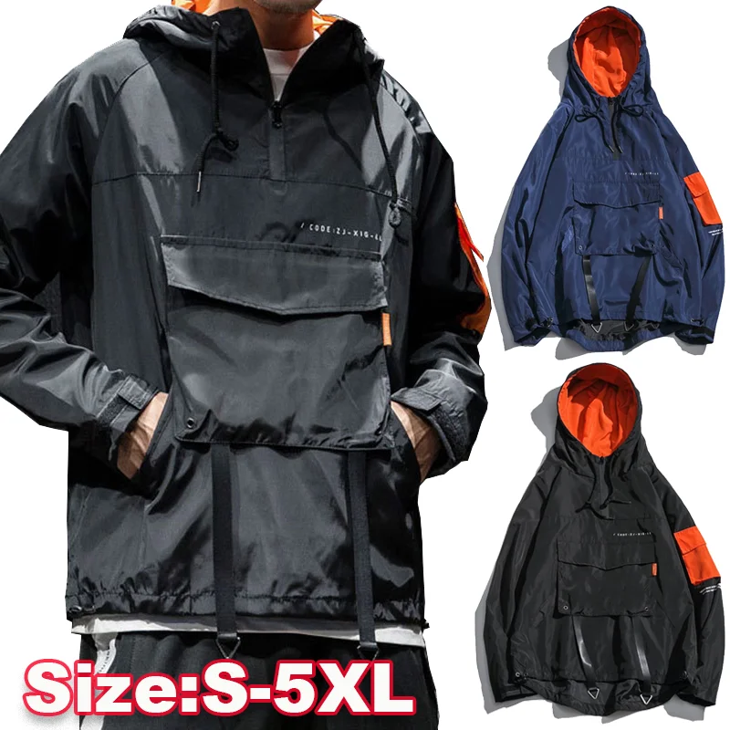 

New Fashion Men Tops Casual Long Sleeve Pockets Sweatshirts Hip Hop Windproof Hooded Pullover Jacket