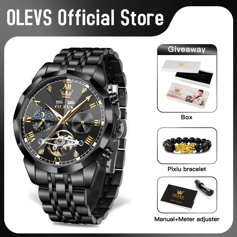 OLEVS 6620 Mens Watch Luminous Automatic Mechanical Watch Waterproof Luminous Moon Phase Original Perpetual Calendar Watch Gifts