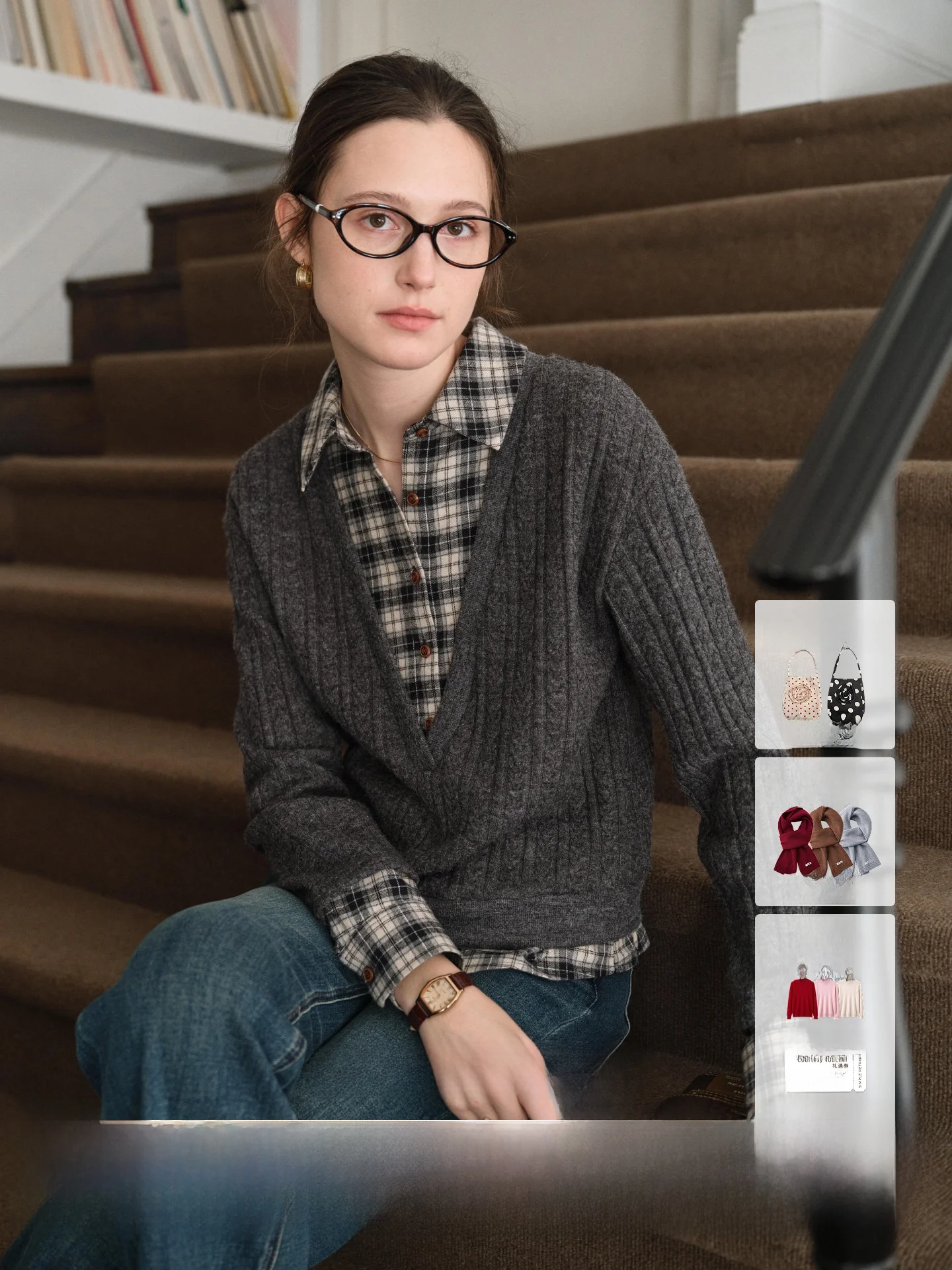 French Style Plaid Long Sleeve Shirt Women's Knitted Patchwork Cotton Gingham Manuscript Retro Twist Fake Two-Piece Top