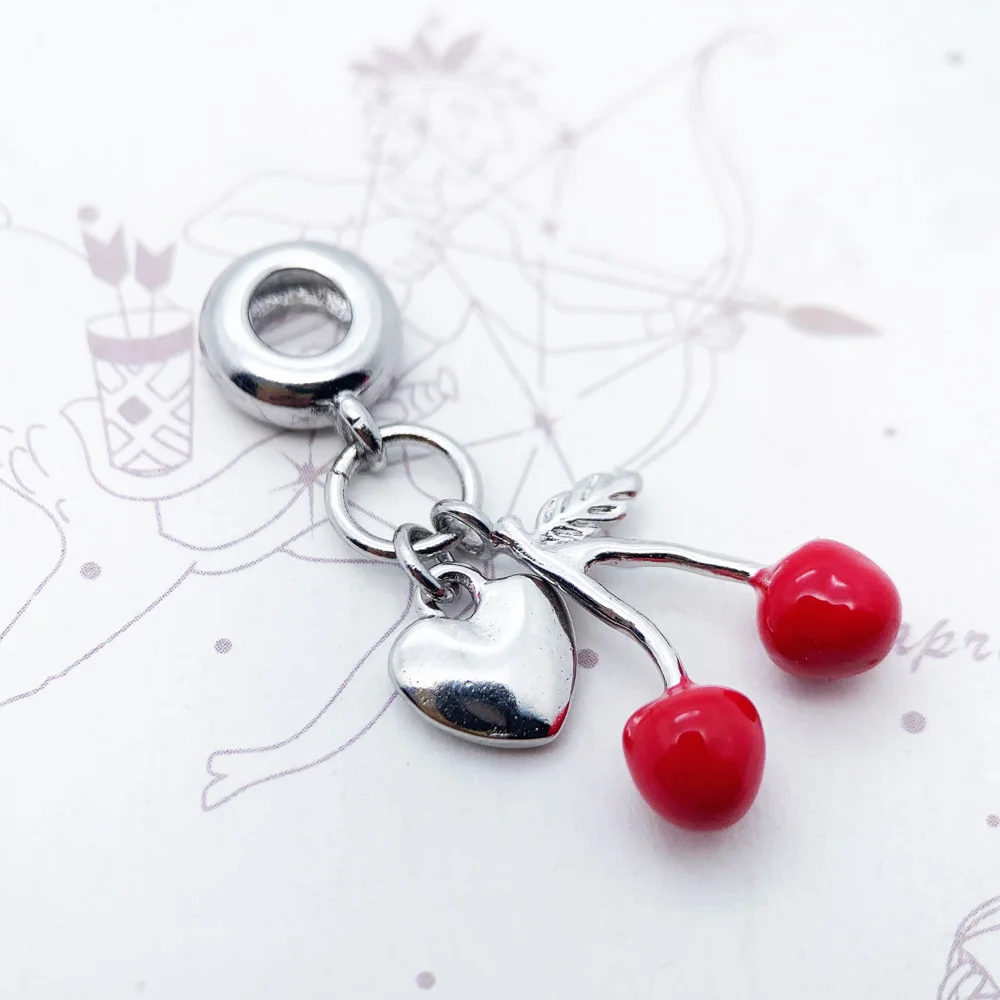 Kirschen mit Herz Anhänger Charm für Damen Sommer Brandneuer Süßer Schmuck 925 Sterling Silber Romantisches Liebesgeschenk – Detail 6