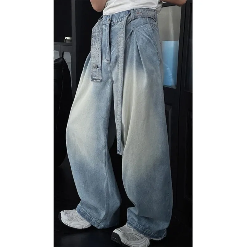 

Juspinice American Lazy Style Light Blue Jeans for Men's Summer Retro High Waist with Belt Lightweight Fashion Straight Trousers