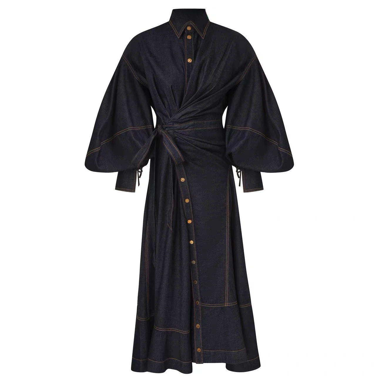 

2025 Woman Dress Deep Blue Denim Long Sleeve Midi Celebration Party Dress Cotton High Quality