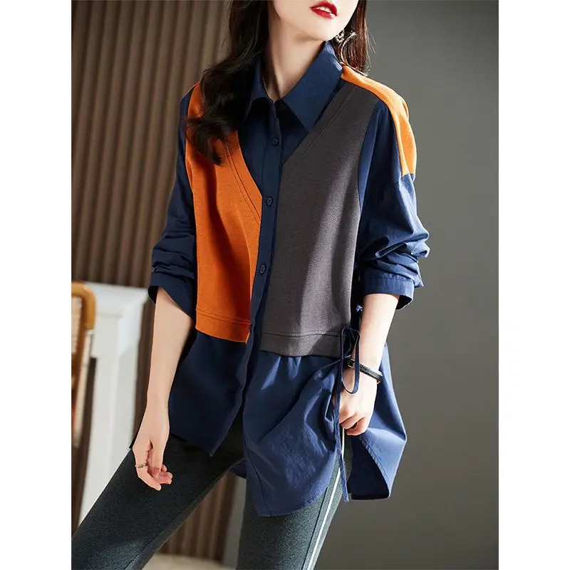 Fashion Loose Shirring Fake Two Pieces Color Shirt Women\'s Clothing 2023 Autumn New Casual Tops Commute Blouses