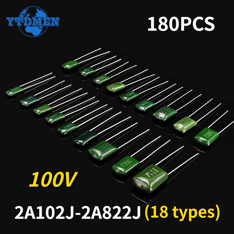 180PCS 100V Polyester Film Capacitor Assortment Kit 2A102J-2A822J 18Values *10pcs 102 222 472 103 223 1NF 2.2NF 10NF 100NF 0.1UF