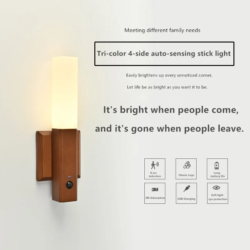 Acryl Walnut Colors LED Wall Lamp Human Body Induction Wooden Night Light Cool/Neutral/Warm White Dimmable Bedside Lamp for Room