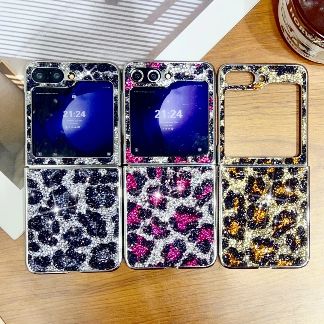 

Luxury Glitter Diamond Leopard Phone Case For Samsung Galaxy Z Flip 7 fe 6 5 4 3 Shiny Bling Hinge Shockproof Cover