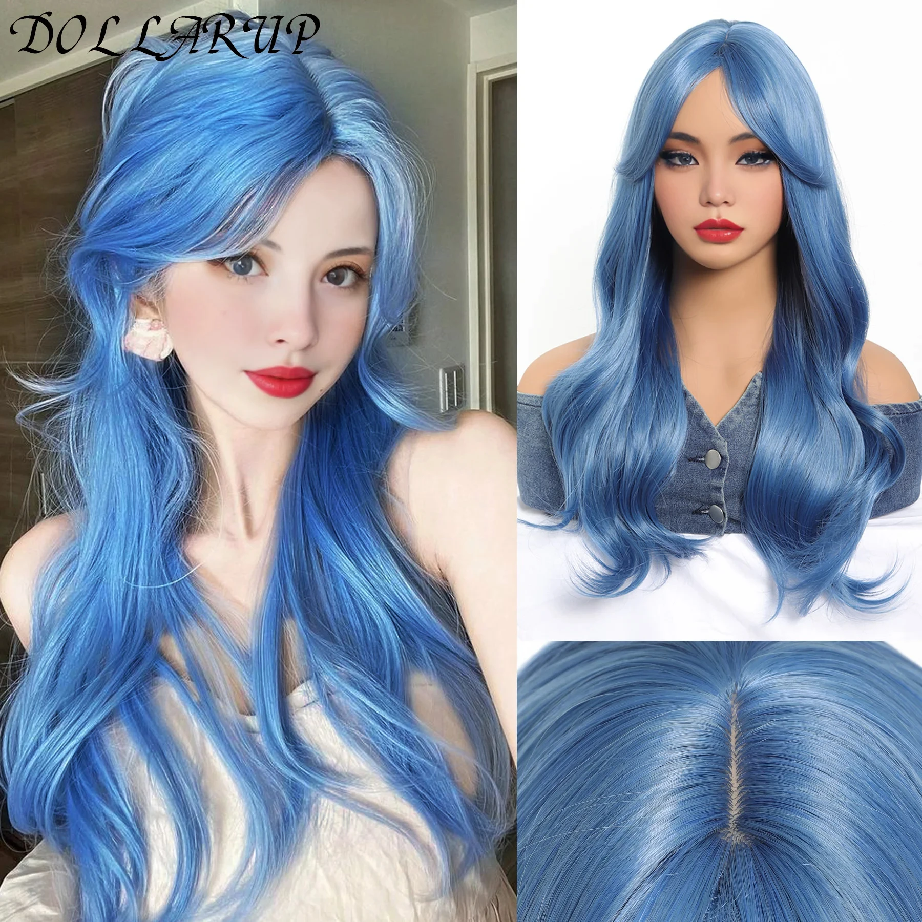 

JKL длинный волнистый синтетический синий женский парик с челкой, пушистый аниме-игровой косплей, термостойкий парик для повседневной вечеринки