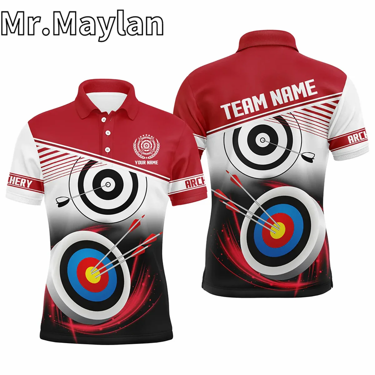 3D Personalized Name Archery Polo Shirts For Men Custom Red Archery 3D Target Shirts Archery Uniform Gift For Archery Lovers