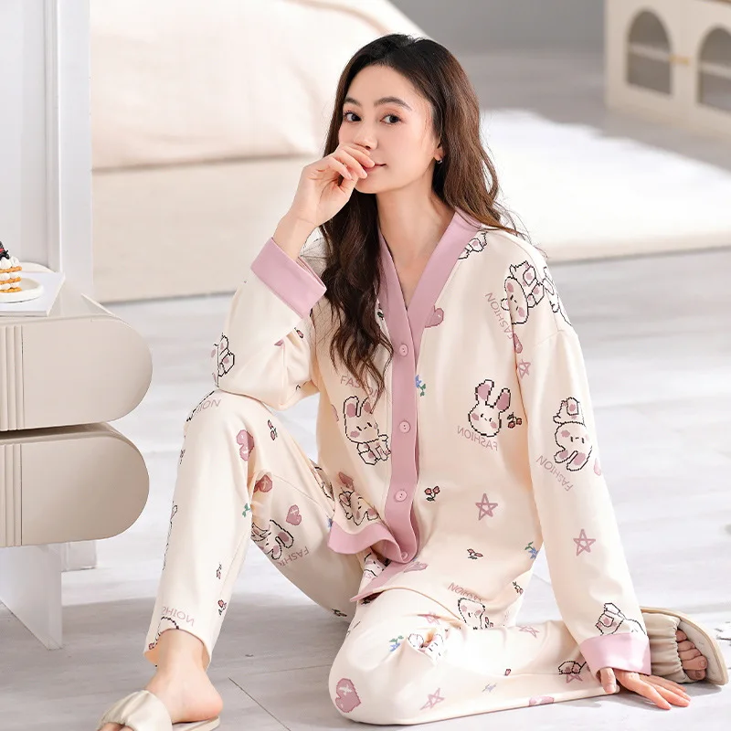 Women\'s New Pajamas Homewear Set of Spring and Autumn Pajamas Women Long-Sleeved Cardigan Ins Girls Cute Fall Pajamas Homewear