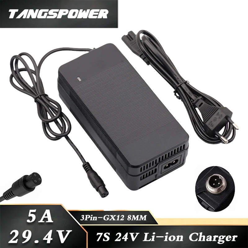 

29.4V 5A Lithium Battery Charger For 24V 7S Li-ion Battery Pack Fast Charging 3Pin-GX12 Connector With Cooling Fan