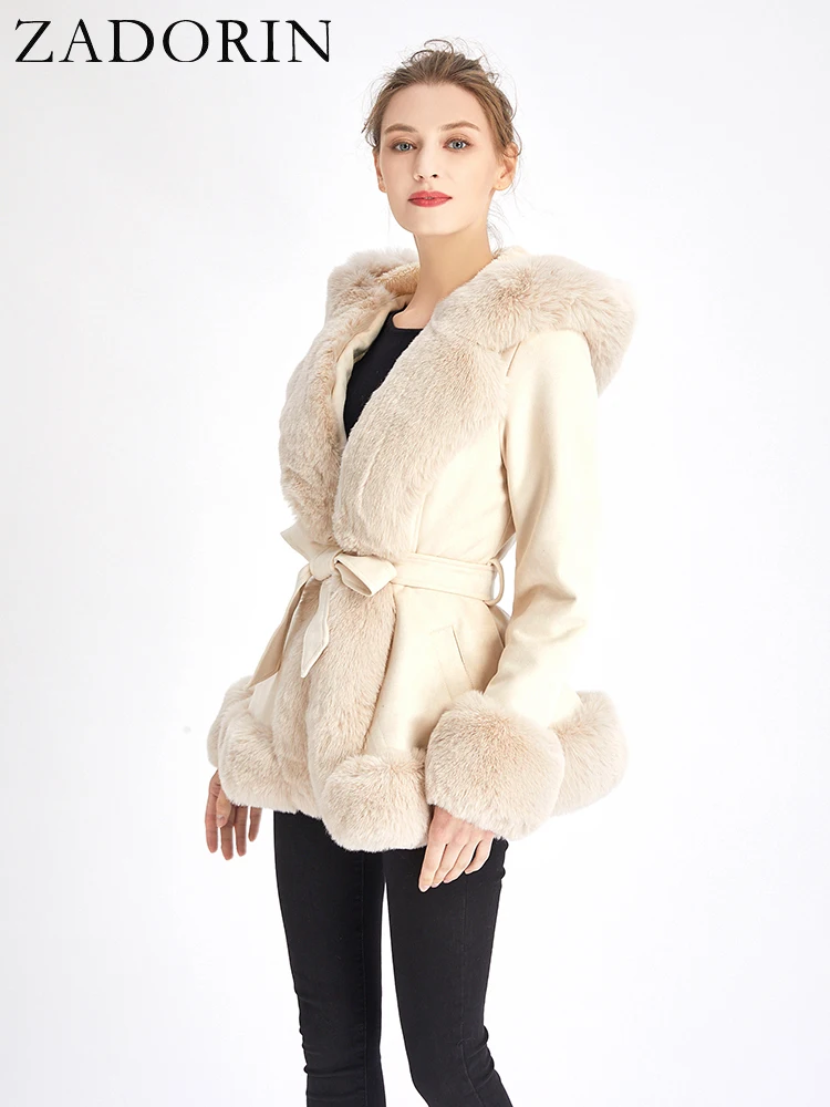 ZADORIN Winter Coat Women 2024 Furry Hood Suede Black Faux Fur Coat With Belt Thick Warm Fur Cardigan Faux Fur Jackets for Women