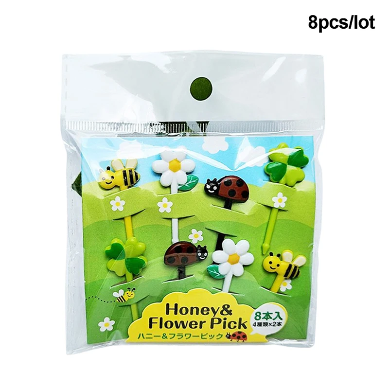 8Pcs Cute Cartoon Bees Fruit Forks Child Plastic Household Snack Dessert Dried Fruit Cake Forks Bento Accessories