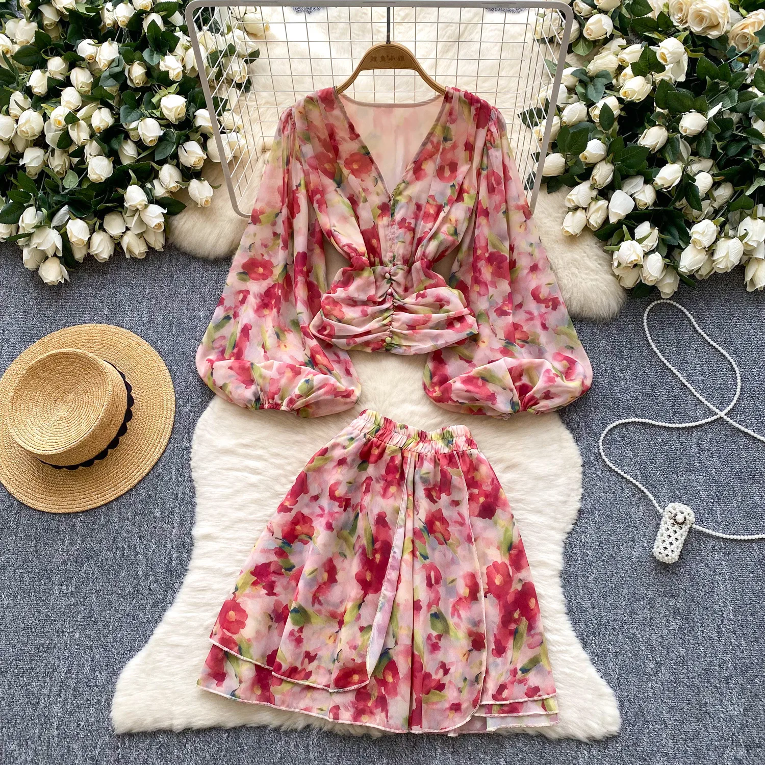 

Women Two Piece Sets Skirt Set V Neck Lantern Sleeve Print Floral Tops Short Skirts A Line High Waist Y2k Streetwear Elegant