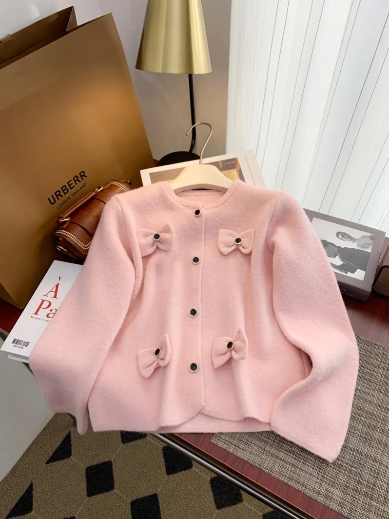 New 2024 Autumn Winter Knitted Cardigans And Sweaters For Women Single Buttons White Red Or Pink Sweater Women Tops Outwears