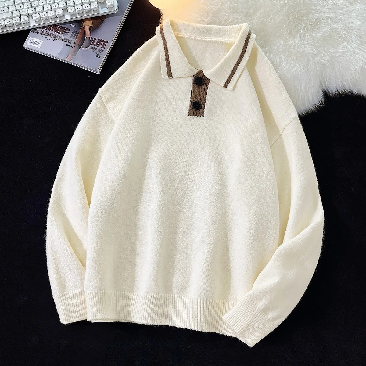 

Мужской вязаный свитер-поло с длинным рукавом, модный, повседневный, свободного кроя, весна-осень