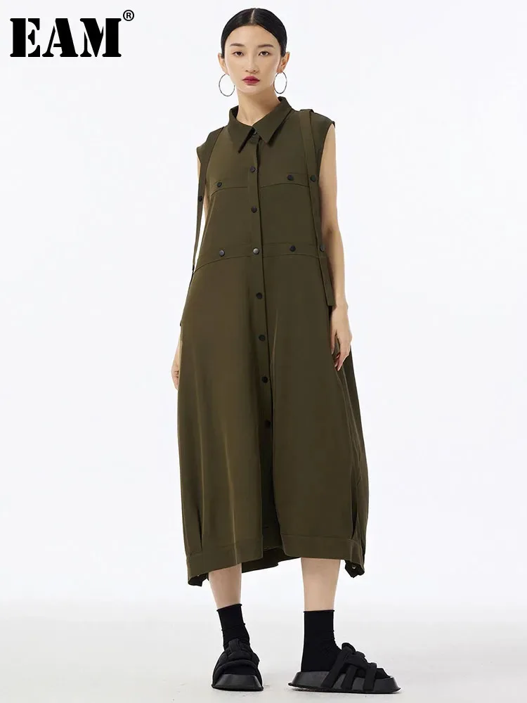 [EAM] Kobiety Army Green Button Duży rozmiar Midi Casual Shirt Dress New Lapel Sleeveless Fashion Tide Wiosna Lato 2024 1DH6614