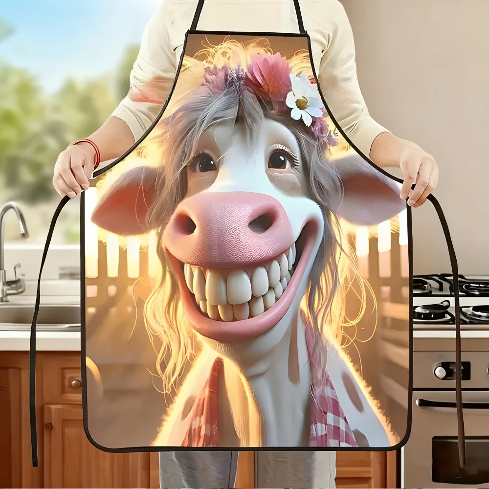 Cow Smile Funny Print Apron, Kitchen Baking Catering Service Apron, Washable & Easy To Clean