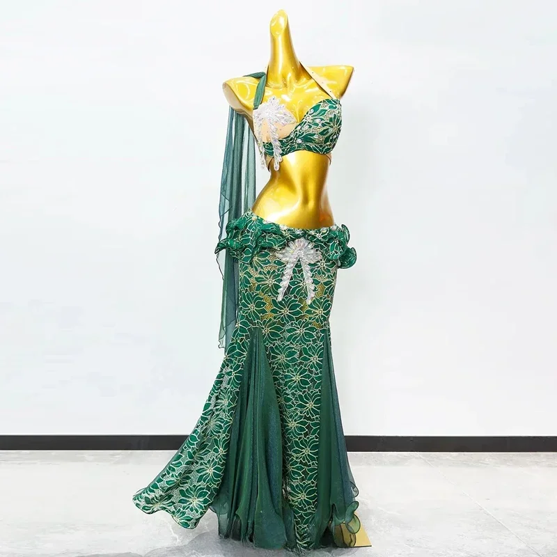 Damen Orientalisches Bauchtanz-Performance-Kostüm-Set mit Pailletten und Quasten aus Polyester-Spandex, M-L, Bühnen-, Party- und Wettbewerbs-Tanzrock-Outfit – Detail 4