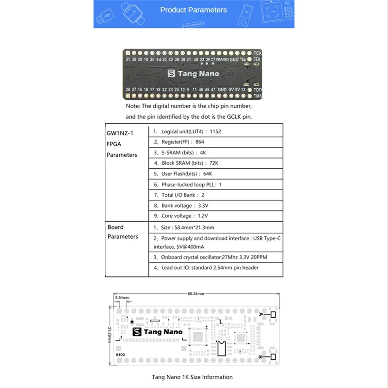 NNR-1Pcs Tang Nano Minimalist FPGA Development Board Straight Insert Breadboard Tang Nano 1K Development Board