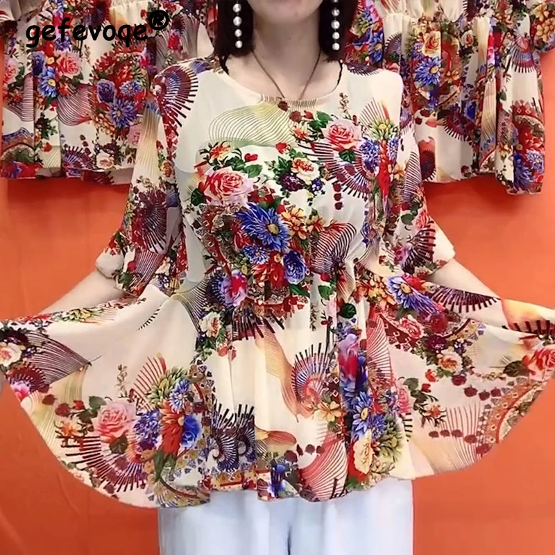 2024 Spring Summer Women Fashion Ruffled Floral Printed Half Sleeve Loose Blouses Casual Round Neck Pullover Tops Ropa De Mujer