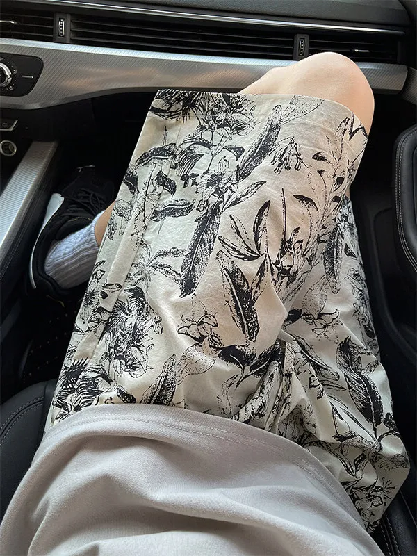 

White Ice Silk orts Men's Summer Outdoor Wear Dyeing Techniques Lightweight Beachwear Loose Fit Straight Leg Casual Pants