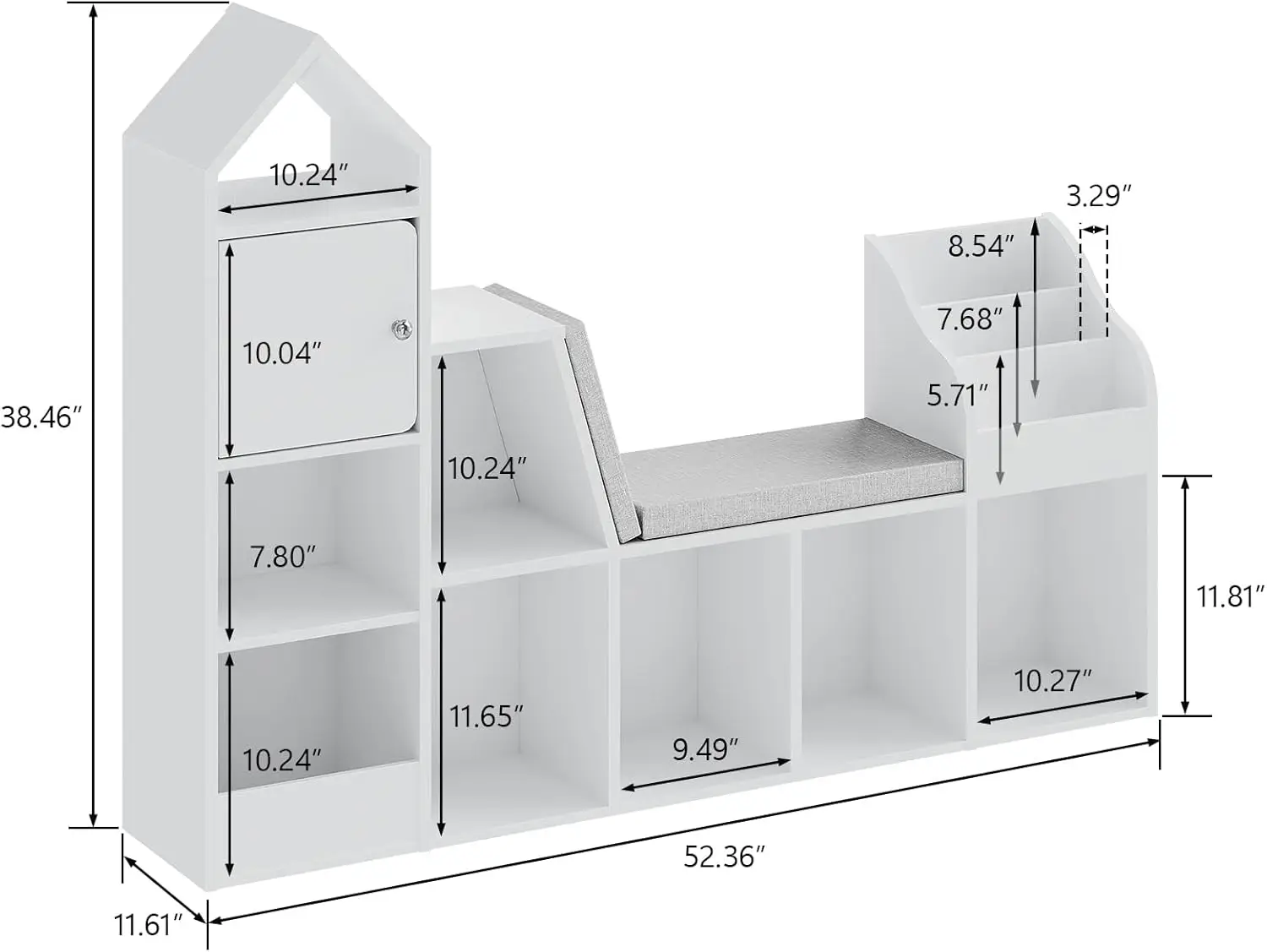 Kids Reading Nook With Bench - Bookshelf & Bookcase With Seat Cushion, 7 Opening Storage Cubbies, 4-Tier File Organizers, Toy