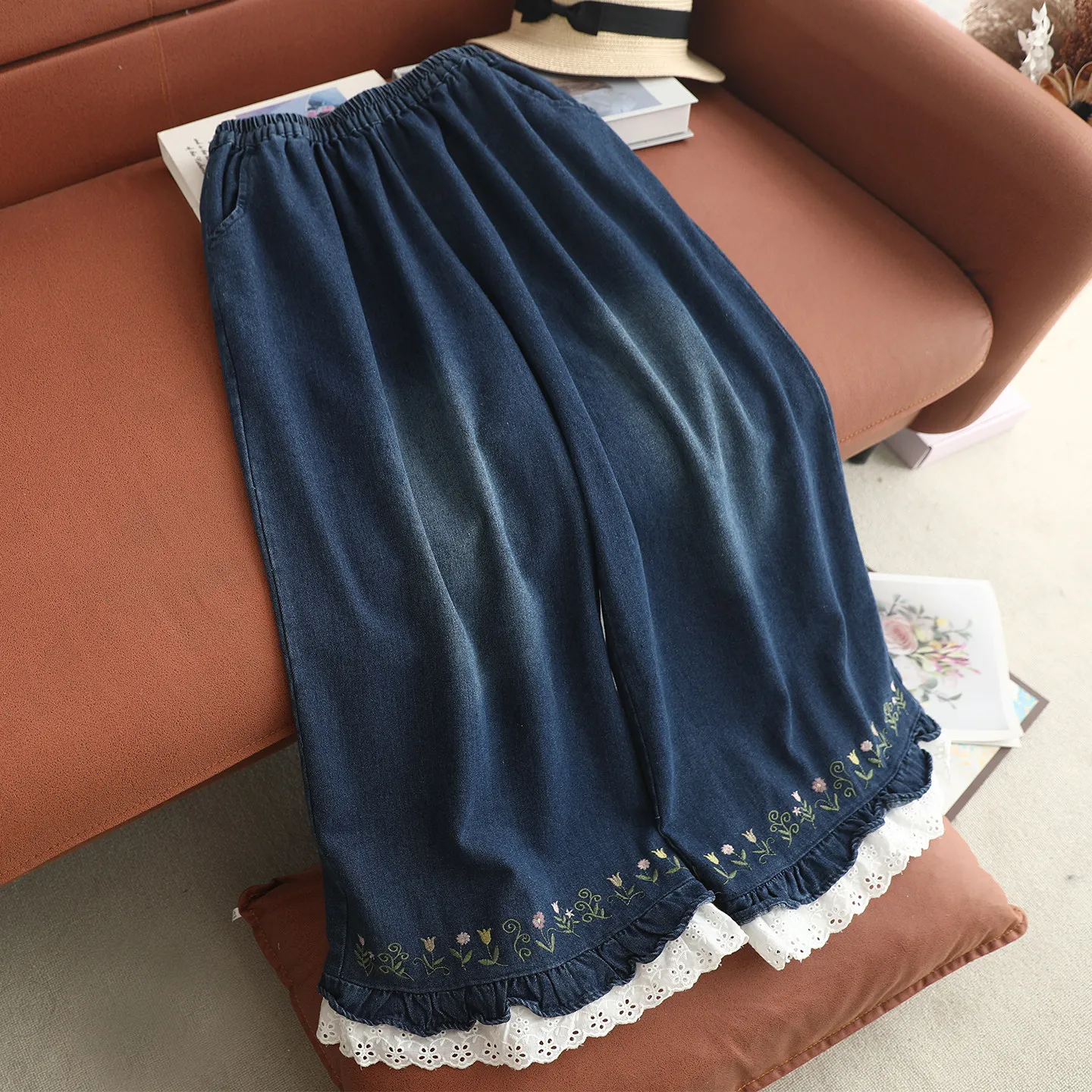 

Japanese Vintage Mori Girl Lace Floral Embroidery Denim Wide Leg Pants Women Spring Elastic Waist Casual Loose Straight Jeans
