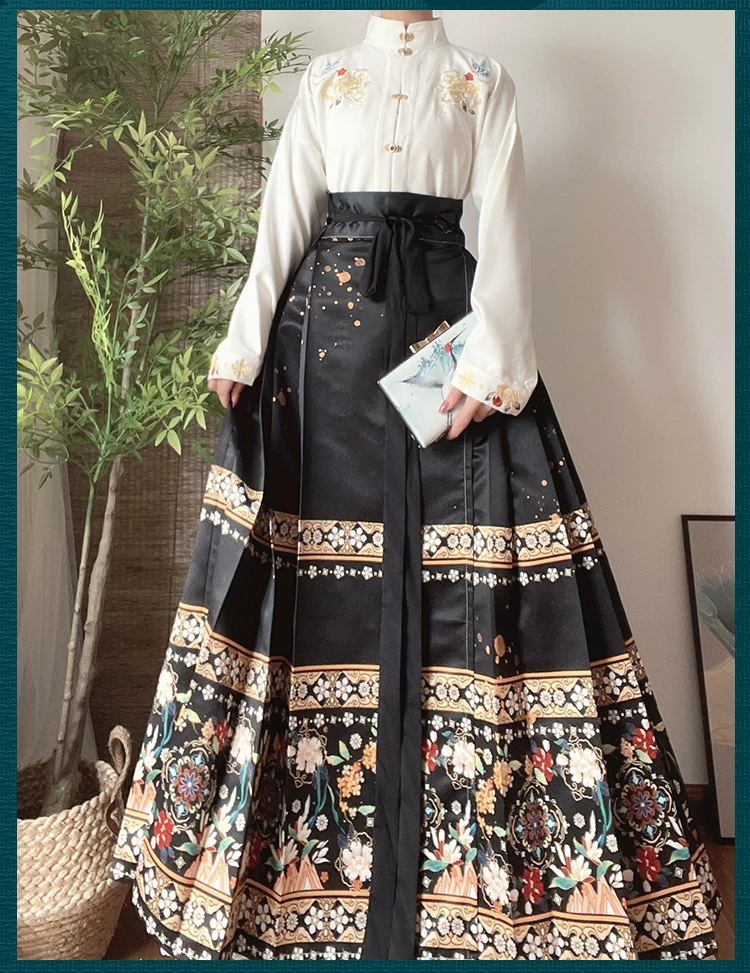 Hanfu Horse Face Skirt Women's Traditional Chinese Retro Hanfu Pleated Skirt Red Blue Black Beige Shirt+Skirt Set