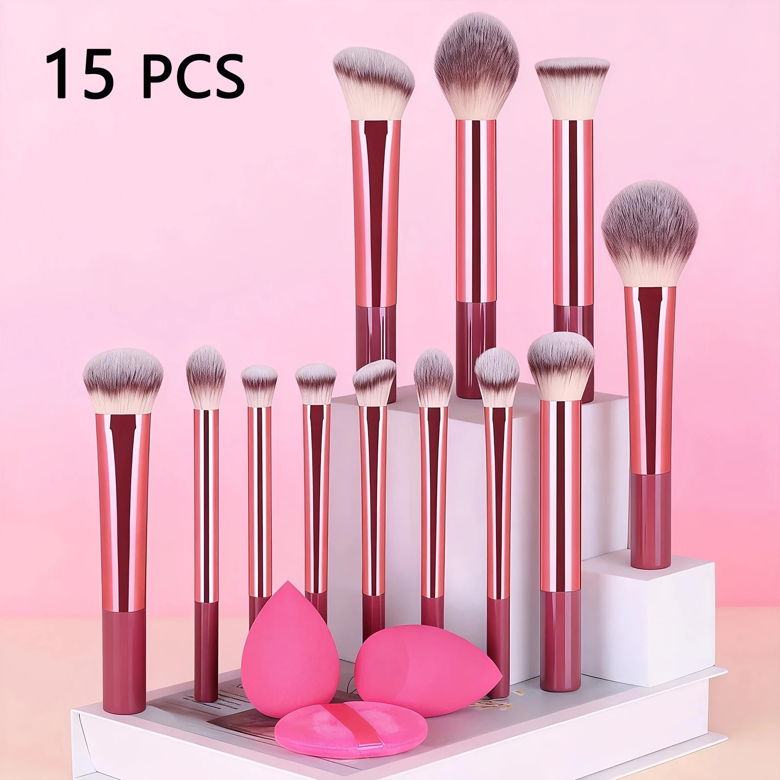 Ensemble de pinceaux et éponges de maquillage, 15 pièces, pinceau pour fard à joues, pinceau pour fond de teint, pinceau pour les yeux, éponge douce, outils cosmétiques portables pour un maquillage facile