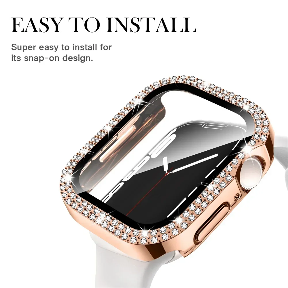 Bling Glass+Cover For Apple Watch Case 44mm 45 41mm 40mm 44 mm women Diamond bumper+Screen Protector iwatch series 7 9 8 5 6 SE