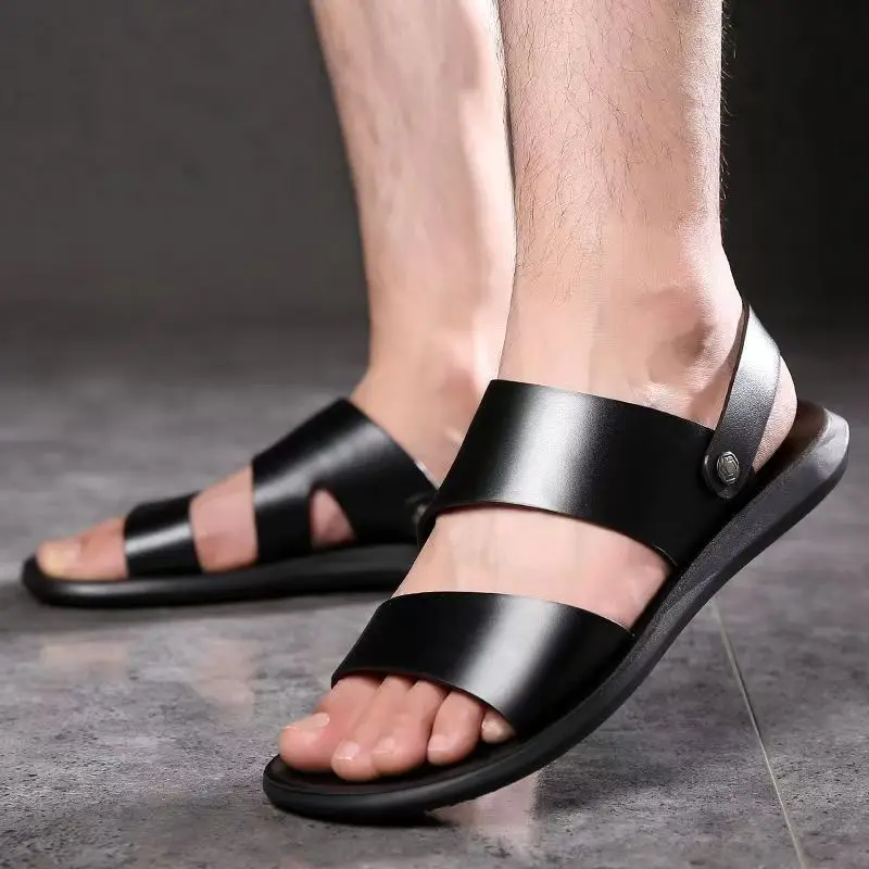 

Men Real Leather One Word Dual Purpose Casual Sandals slippers Summer New Soft sole Non Slip Outdoor Beach Sandals Slippers